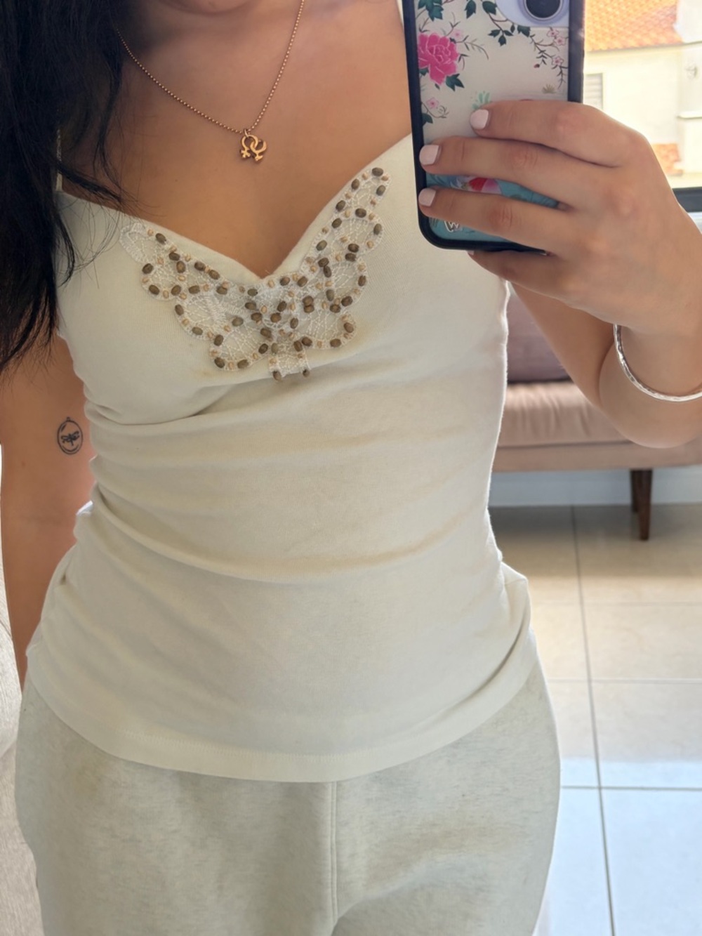 Embellished Butterfly V-Neck Cami Top - Cream